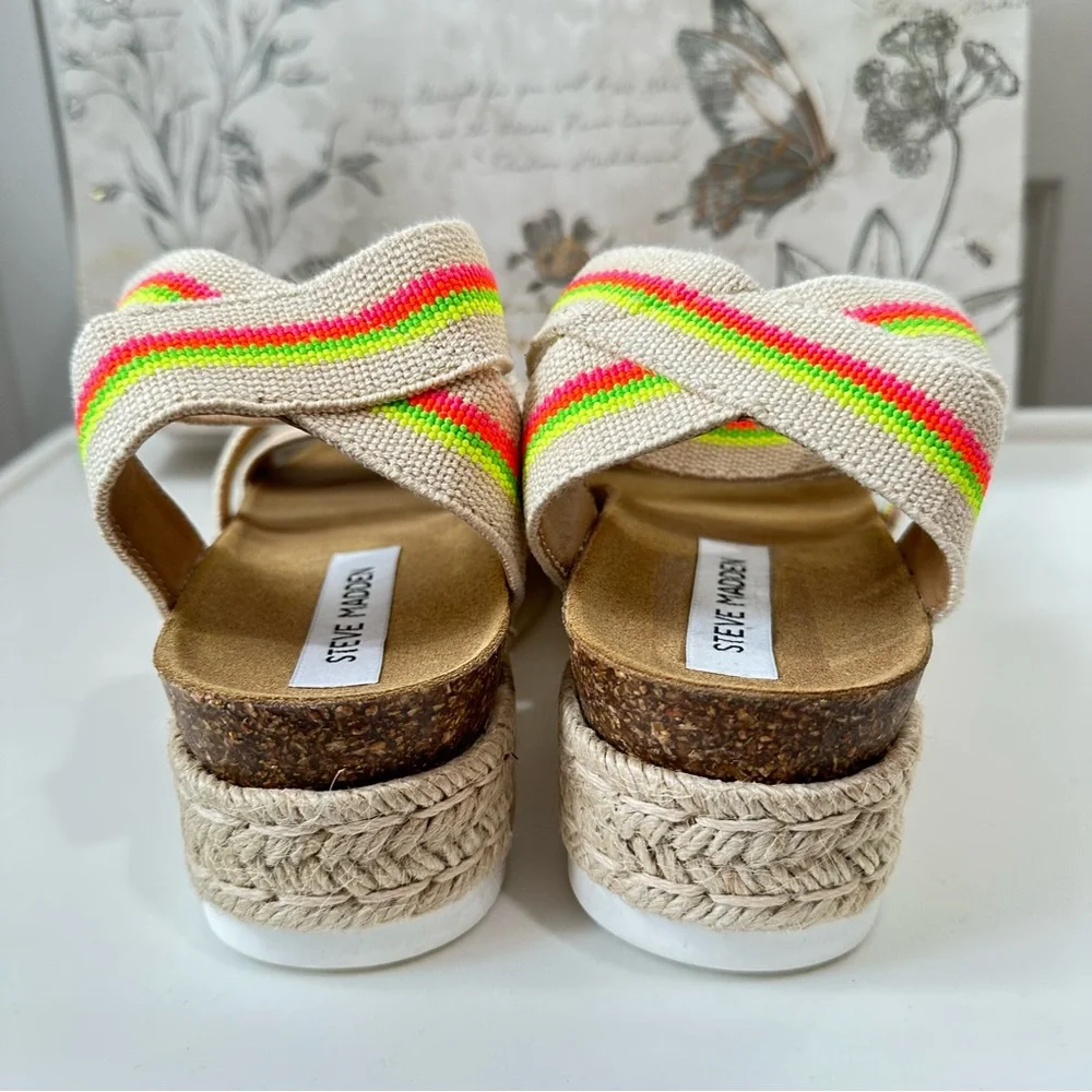 Steve Madden Women's Kimmie Flat Wedge Sandal Size 8 Bright Multi Color Straps